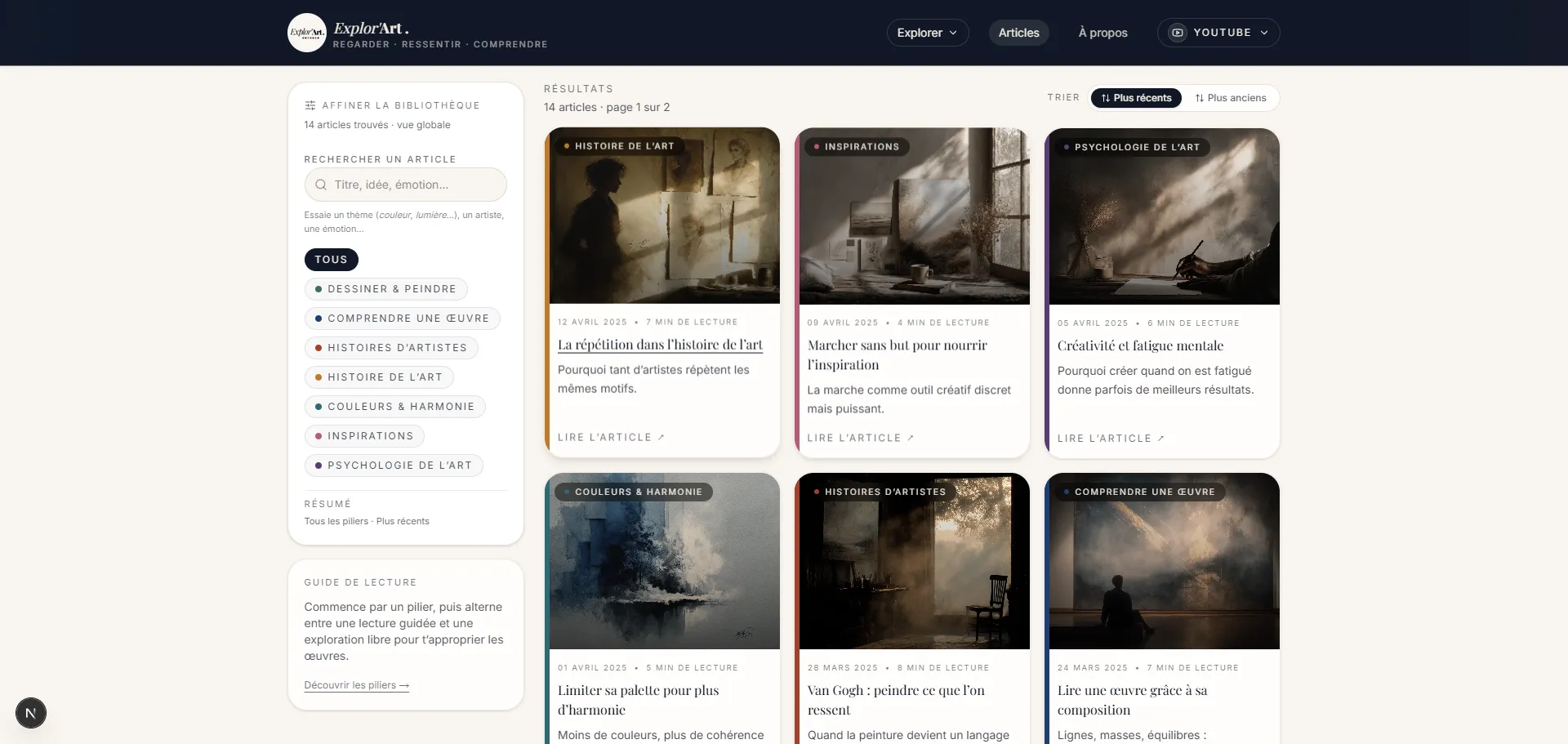 Page catalogue des articles avec filtres piliers