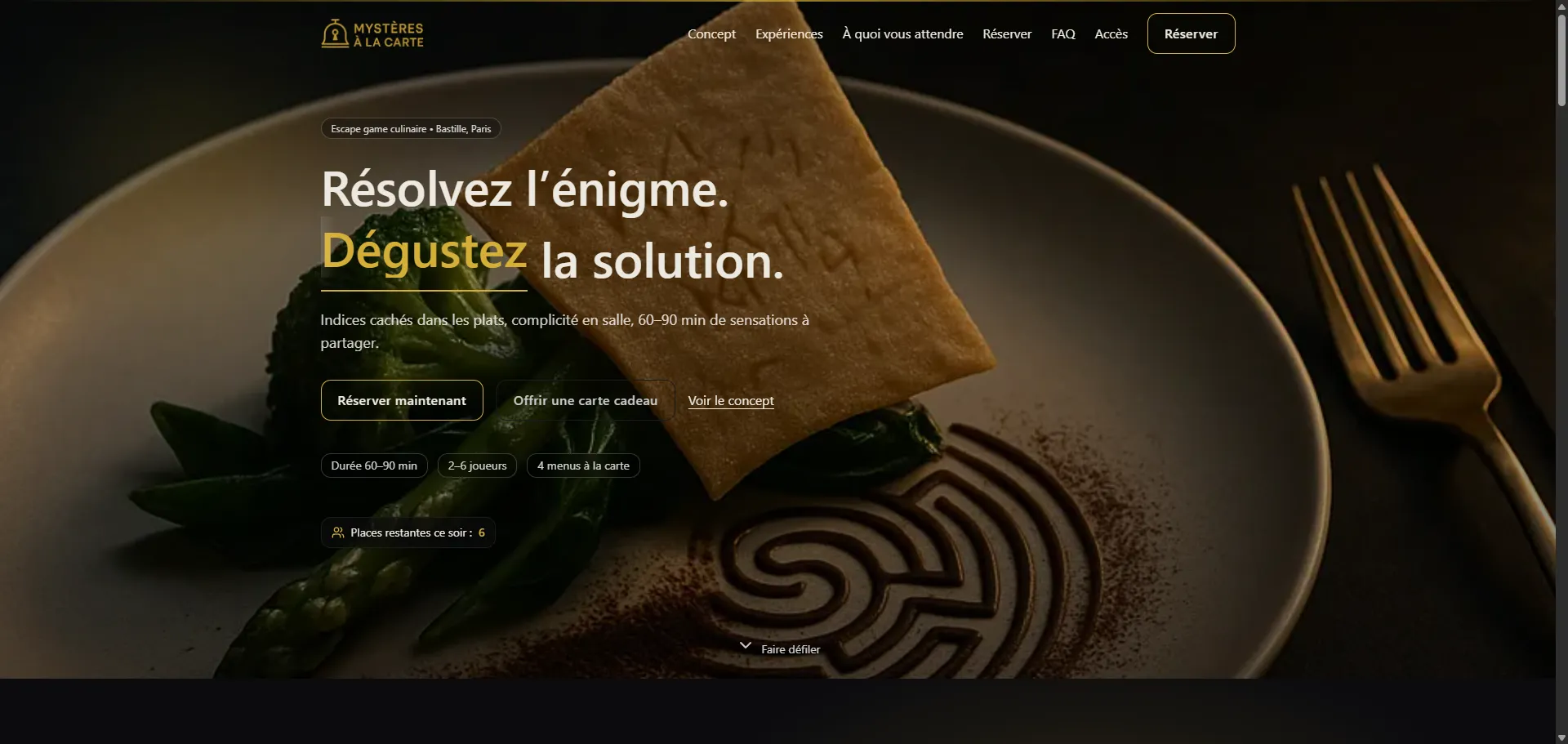 Landing page Mystères à la carte avec hero immersif et CTA de réservation