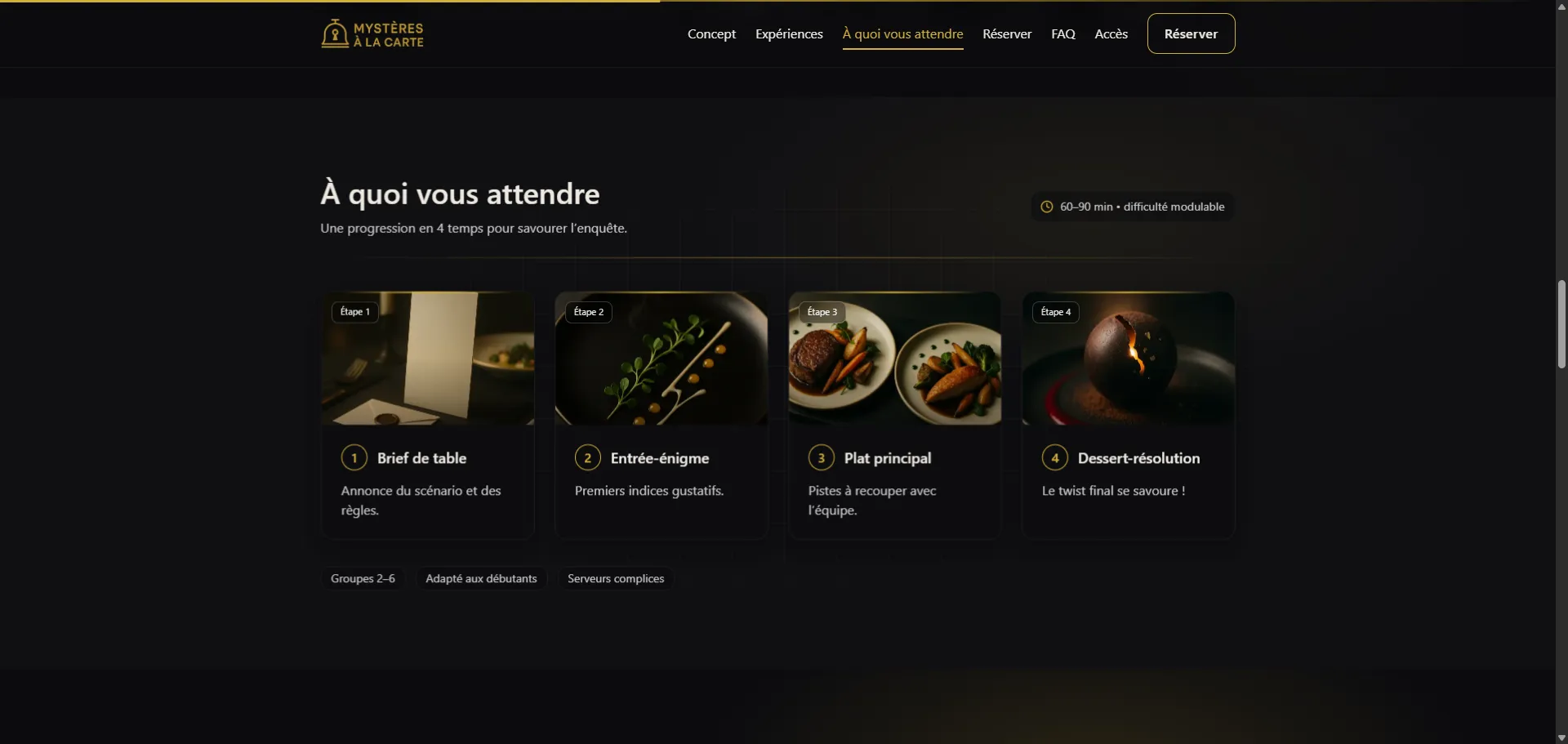 Section déroulé en étapes pour préparer la réservation