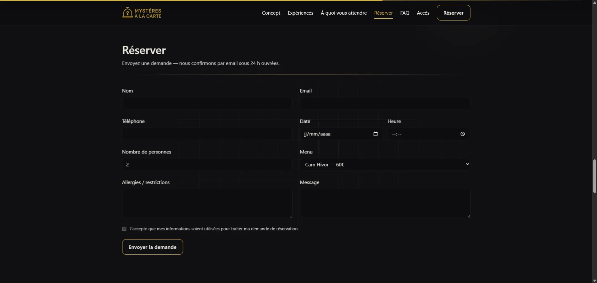 Section Réserver avec formulaire validé côté client