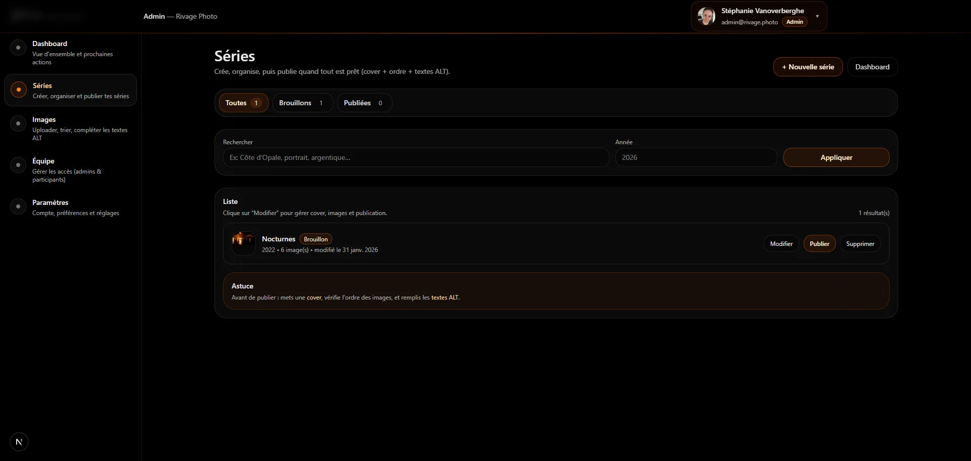 Gestion des séries — liste avec statuts, filtres, actions rapides
