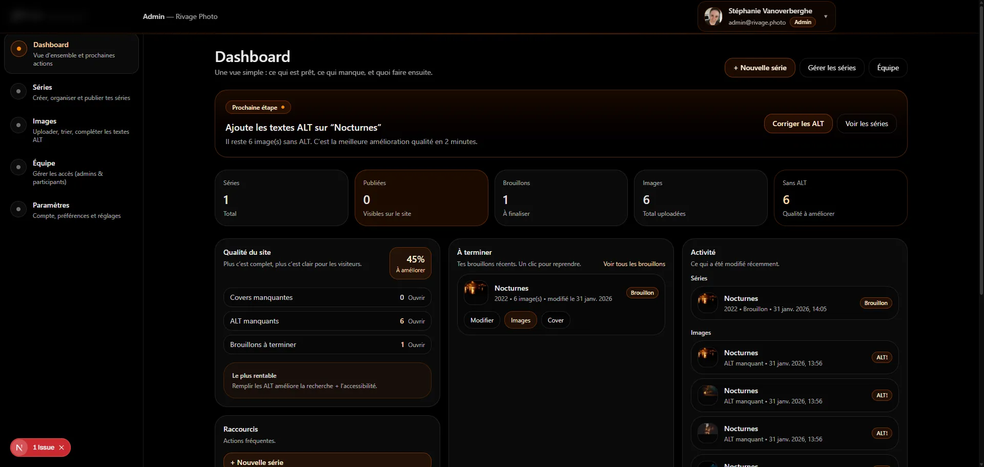 Dashboard admin — vue d’ensemble et prochaines actions